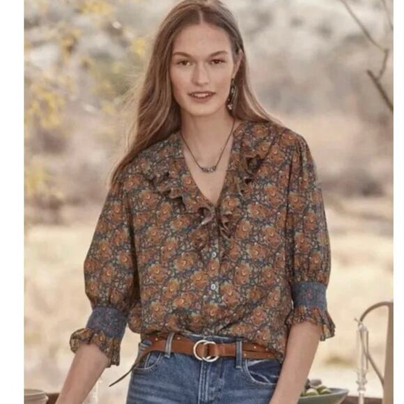 Sundance top blouse Medium floral cotton ruffle Outlander floral lightweight - Picture 7 of 15